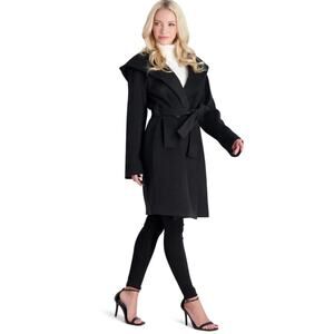 Avec Les Filles Women's Black Hooded Double Breasted Belted Coat Size L